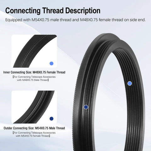 M54X0.75 Male To M48X0.75 Female Telescope Adapter thread description and cross-section view
