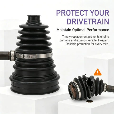 CV Axle Boot Repair Kit For 0.74 To 0.94 Inch Shafts Cuttable Joint Boot Bushing With Clamp And Cable Tie External Ball Cage Protection For Your FWD Or AWD Ride Black, showing intact and torn boots
