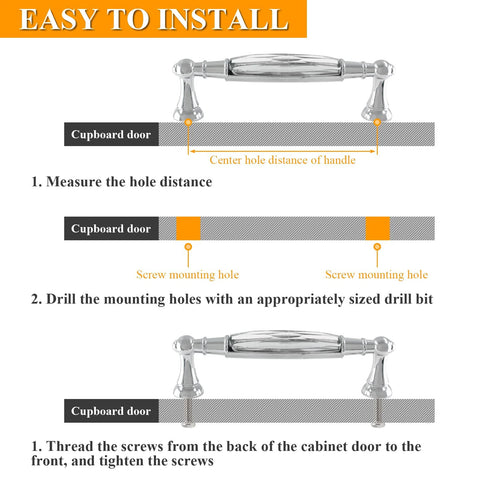 Installation guide for Crystal Cabinet Pulls Four Pack 4.5 Inch Overall Length with 3.75 Inch Hole Spacing, showing drill placement and mounting instructions.