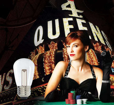 Outdoor Waterproof S14 LED Decorative Bulb Warm White 2400K 1W Low Wattage beside a casino-themed backdrop with poker chips