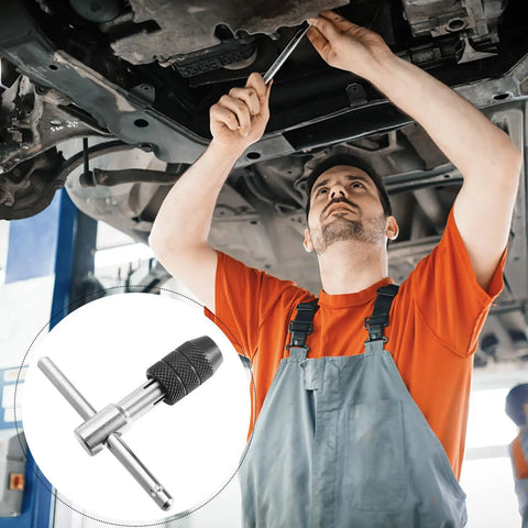 Three Piece Adjustable Ratcheting Tap Wrench Set With Detachable Bar For Handy One Hand Operation Durable Steel For Drills Taps Reamers And Manual Threading in use under a car