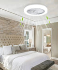 Ceiling Fans With Lights Remote Control 18 Inch Bladeless Modern Flush Mount LED Fan in bedroom with white ceiling