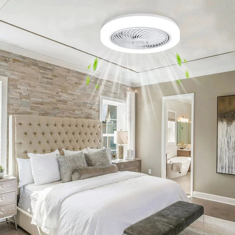 Ceiling Fans With Lights Remote Control 18 Inch Bladeless Modern Flush Mount LED Fan in bedroom with white ceiling