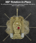 Top view of RC Battle Tank Toy for Kids and Boys 2.4Ghz Radio Control Military Truck with 270 Degree Rotating Turret highlighting rotation feature.