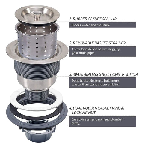 Three And A Half Inch Sink Drain Assembly Kit With Removable Deep Strainer Basket And Stopper Sealing Lid for Home Kitchen