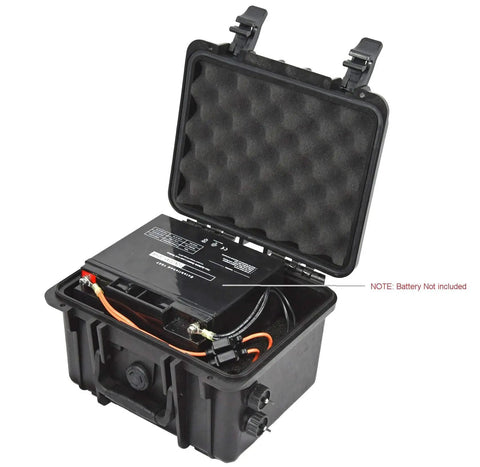 Tough As Nails IP68 Waterproof Battery Case For 12V 35Ah Batteries featuring an open design with foam padding, showing connectors.