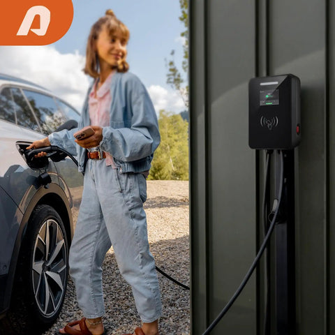 Person using High Speed Level 2 EV Charger 11.5kW 240V J1772 With 20ft NEMA 14-50 Cable Smart App WiFi Control Works With All EVs