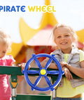 Children playing with Blue Pirate Ship Wheel Toy Telescope And Telephone Playground Accessories Bundle For Outdoor Swing Sets And Playhouses Ideal For Backyard Fun And Epic Imaginative Outdoor Adventures For Kids.