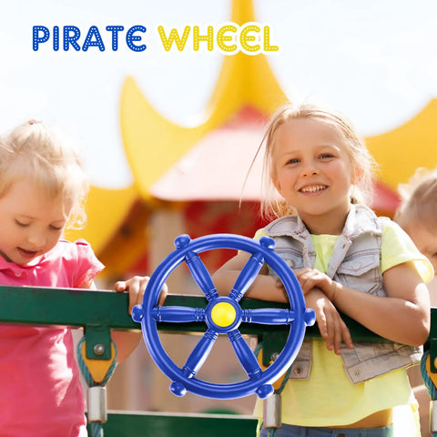 Children playing with Blue Pirate Ship Wheel Toy Telescope And Telephone Playground Accessories Bundle For Outdoor Swing Sets And Playhouses Ideal For Backyard Fun And Epic Imaginative Outdoor Adventures For Kids.