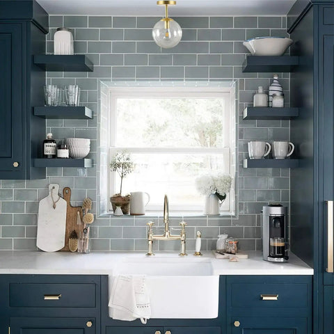 Modern kitchen with Dope Mid Century Modern Globe Semi Flush Mount Ceiling Light With Clear Glass And Gold Brass Finish D6" H11".