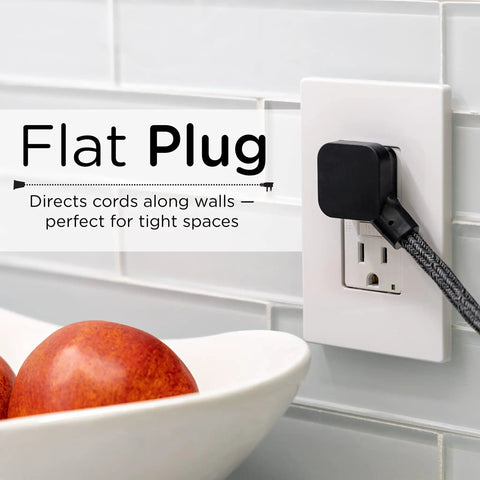 Three Outlet Power Strip With Eighteen Inch Braided Extension Cord Grounded Three Prong Adapter And Low Profile Flat Plug ETL Listed