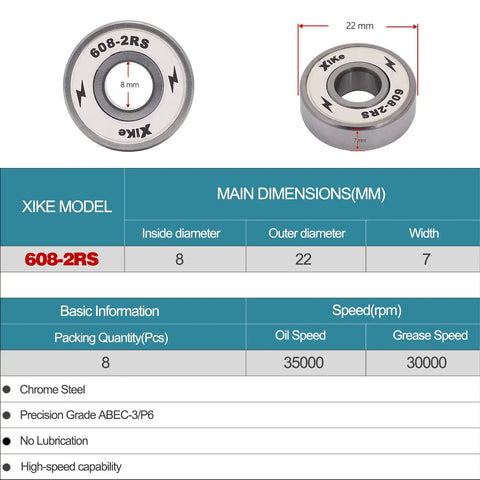 608-2RS Skateboard Bearings 8x22x7mm High Speed Smooth And Durable For Longboards Inline Skates Rollerblades specifications