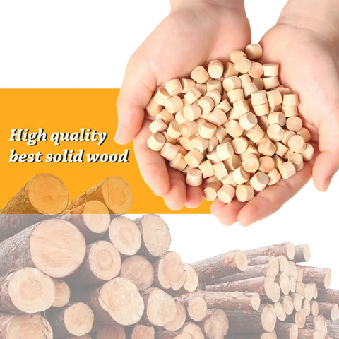 Hands holding 200 Piece Flat Head Wooden Screw Hole Plugs Three Eighths Inch Diameter One Quarter Inch Deep For Furniture Repair Fills Unsightly Holes And Creates A Seamless Finish Perfect For Cabinets Tables Desks Shelves And Wood Projects Natural Wood Tone against wood log background