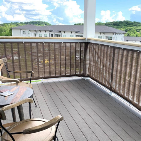 Fence Privacy Screen for Balcony and Patio Shade Cloth 3 Feet 3 Inches by 9 Feet 9 Inches, 80 Percent Shade, installed on patio railing