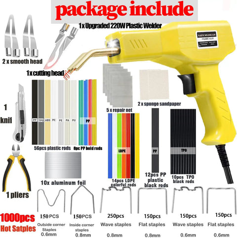 Heavy Duty 220W Plastic Welder Kit 2 In 1 With 1000 Hot Staples And 100 Welding Rods package contents displayed