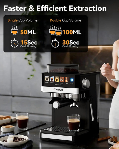 Espresso Machine With Grinder And Steam Frother For Home Use 20 Bar Pressure Compact Coffee Maker displayed in kitchen.