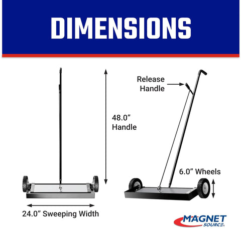 Heavy Duty Magnetic Sweeper Push Type With Release, 24 Inch Sweeping Width, Cleans Up To 6 Lb Of Metal Debris On Shop Floors, 48 Inch Handle For Easy Maneuvering, Rugged Magnet Cleaner For Nails Bolts Screws And Steel Shavings