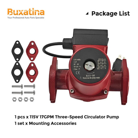 Heavy Duty 115V Three Speed Circulator Pump Replacement For Commercial Heating Featuring 17 GPM Flow rated, includes mounting accessories.