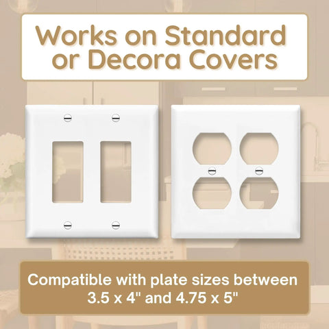 Double Wall Outlet Shelf With Cord Strap And Toothbrush Holder Wall Mounts For Alexa Echo Dot And HomePod, compatible with standard and Decora covers, shown with size range.