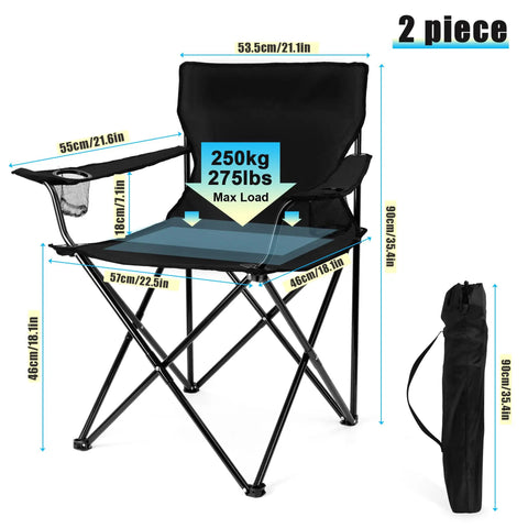 Foldable Camping Chairs For Adults, Set Of 2, Large Portable Lawn Chairs, Black, with storage bag, supports 275 lbs