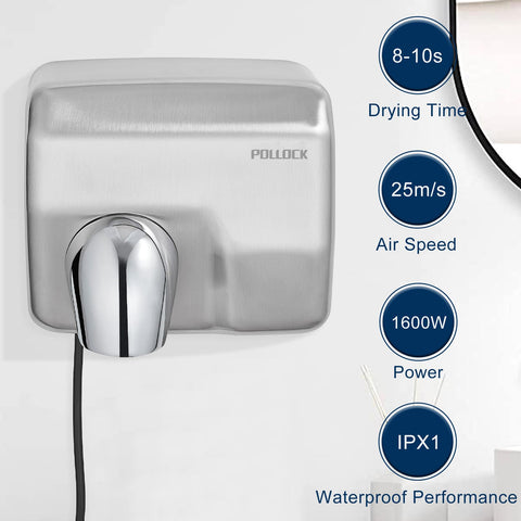 High Speed 1600W Wall Mounted Commercial Hand Dryer Stainless Steel Electric Hand Dryer For Bathrooms 110V Plug In