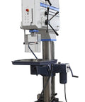 Badass Workshop Floor Drill Press Machine 16 Inch Drilling Capacity 460 Volt Three Phase Power With 32 Inch Max Swing Handles Tough Metal Fabrication Blue, showing robust metal base and drill head.