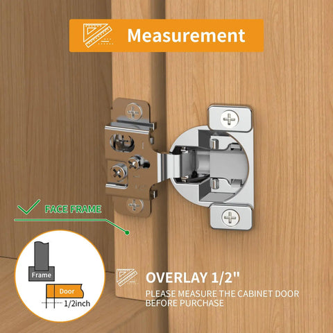 Close-up of a 30 Pack Face Frame Cabinet Hinges with Soft Close gliding action, showing 1/2 inch overlay measurement on wooden cabinet.