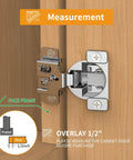 Rock Solid Quarter Inch Overlay 3D Soft Close Concealed Hinges For Kitchen Cabinets With Slow Drop Action And Satin Nickel Finish close-up with measurement guide.