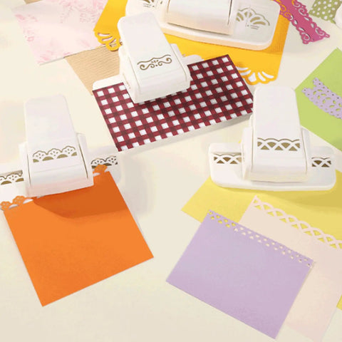 All In One Border Punch Embossing Tool for Scrapbooking with various edge designs on colorful papers