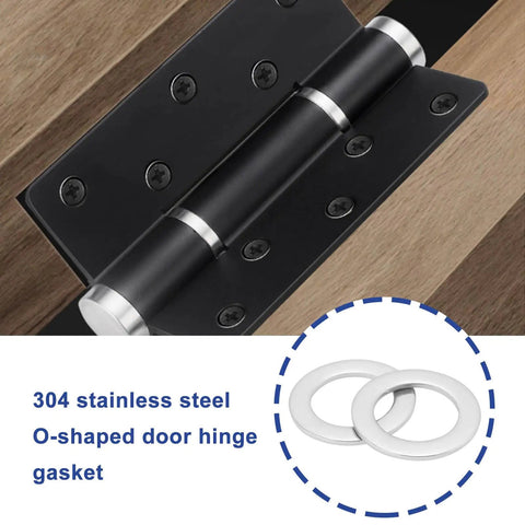 30Pcs Flat Washers 304 Stainless Steel 10x16x1mm Door Hinge Gaskets, shown next to a black hinge installed on wood.