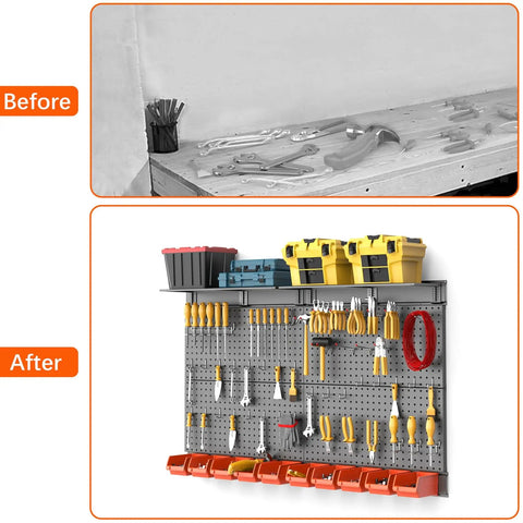 Before and after of Metal Pegboard Organizer With Hooks Wall Mounted Tool Storage System With Shelves And Bins Heavy Duty Steel Panels