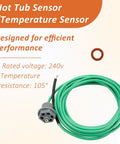 Hot tub temperature sensor with green insulated cable and gray connector; includes red O-ring.