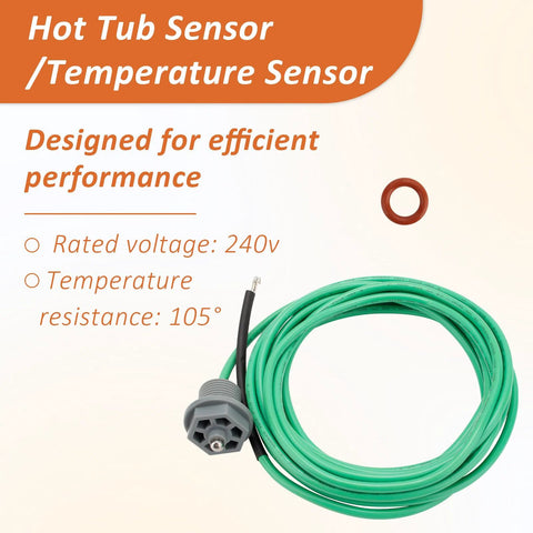 Hot tub temperature sensor with green insulated cable and gray connector; includes red O-ring.