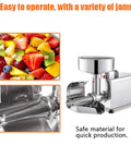 Top Shelf Commercial 450W Tomato Strainer Machine Crafted From Heavy Duty 304 Stainless Steel For Effortless Processing Of Juicy Sauves Soups And Rich Purees This Durable Vegetable Food Mill Press Is A Total Game Changer For Your Kitchen Setup, shown with assorted fruits for jam.