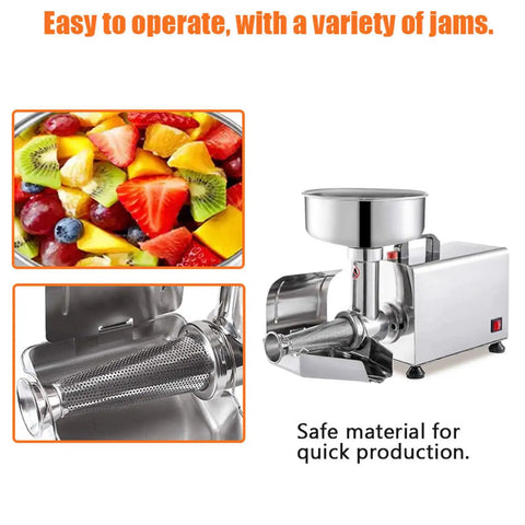 Top Shelf Commercial 450W Tomato Strainer Machine Crafted From Heavy Duty 304 Stainless Steel For Effortless Processing Of Juicy Sauves Soups And Rich Purees This Durable Vegetable Food Mill Press Is A Total Game Changer For Your Kitchen Setup, shown with assorted fruits for jam.