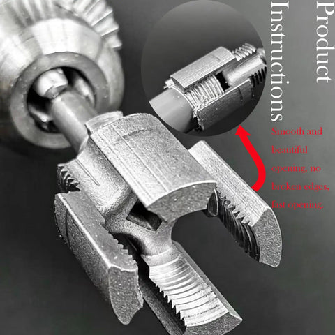 Close-up of steel tool from Dual Function PVC Pipe Threader Kit With Five Pieces And Steel 4 In 1 Water Pipe Wrench for threading.