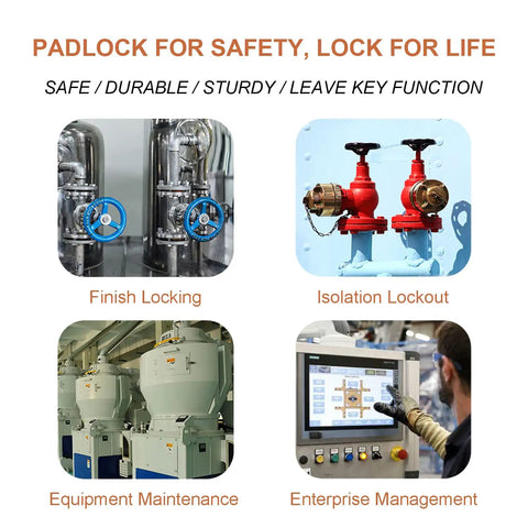 Padlock for safety and lockout procedures in industrial maintenance, featuring lockout systems and enterprise management.