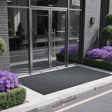 Heavy Duty Indoor Outdoor Entrance Mat 4 By 10 Feet Rubber Border Door Rug with non-slip tread at an entrance with flowers.