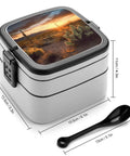 Desert Sunset Cactus Bento Box With Stackable Design And Portable Handle Double Layer Lunch Box That Is Leak Proof And Lightweight Durable Meal Prep Box For Office Camping And Travel, with spoon and size dimensions.