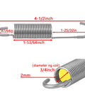 4-1/2 Inch Replacement Recliner Mechanism Spring With Long Neck Hook Style, shown with detailed measurements and coil diameter