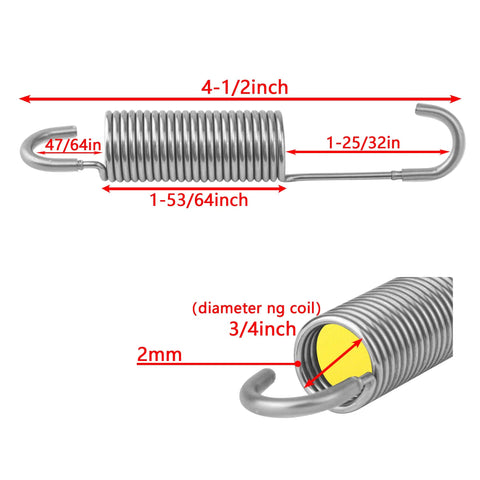 4-1/2 Inch Replacement Recliner Mechanism Spring With Long Neck Hook Style, shown with detailed measurements and coil diameter