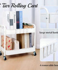 Two Tier Under Desk Storage Cart On Wheels With Built In Handle And Four Side Hooks, compact metal trolley with books and decor.