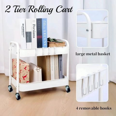 Two Tier Under Desk Storage Cart On Wheels With Built In Handle And Four Side Hooks, compact metal trolley with books and decor.