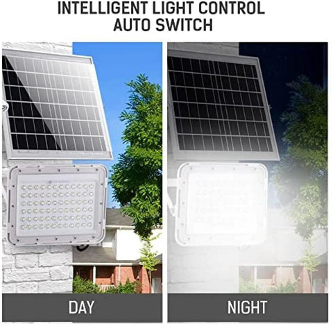 Badass Outdoor Solar Led Flood Lights With Easy Remote Control Ip67 Waterproof showing day and night intelligent light control.