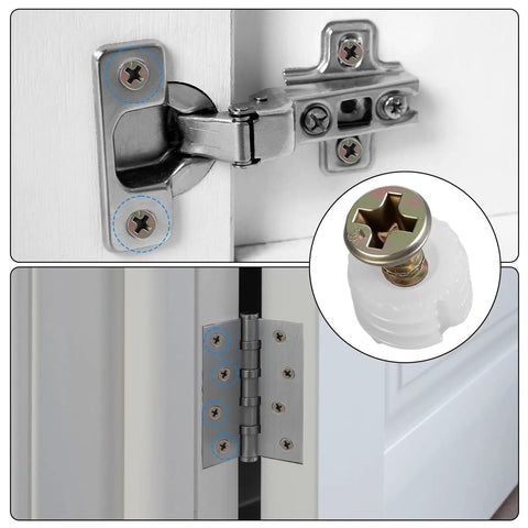 Solid Household Gear Including Twenty Five Plastic Dowel Inserts And Hinge Mounting Screws With Pre Inserted Nuts For Fixing Wobbly Cabinet Doors And Casual DIY Furniture Repairs No Sweat