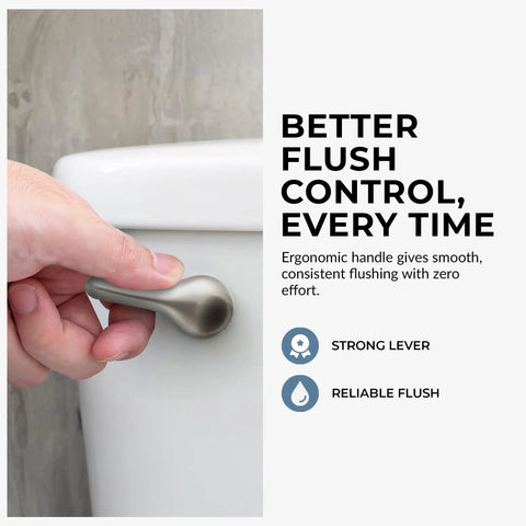 Hand holding Brushed Nickel Front Mount Toilet Handle Replacement Kit with Universal Flush Lever on toilet tank
