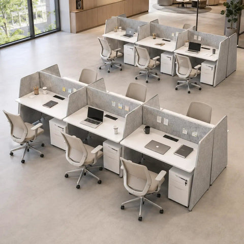 Eight Person Modular Cubicle Workstation Featuring Tall Privacy Panels And Integrated Power Hubs Plus Rolling File Drawers For A Stress Free Big League Office Setup in a modern office environment.