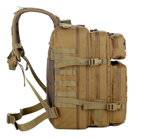 Side view of 45L Military Tactical Backpack With Molle System Army Assault Pack showcasing large compartments and durable straps.