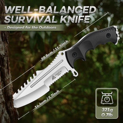Rugged Fixed Blade Survival Knife with 28.8cm D2 steel blade, full tang, serrated edge, ergonomic handle, for camping and hiking