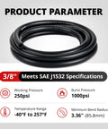 3/8 inch black transmission oil cooler hose, 5 ft coil, SAE J1532, 250 psi working pressure.